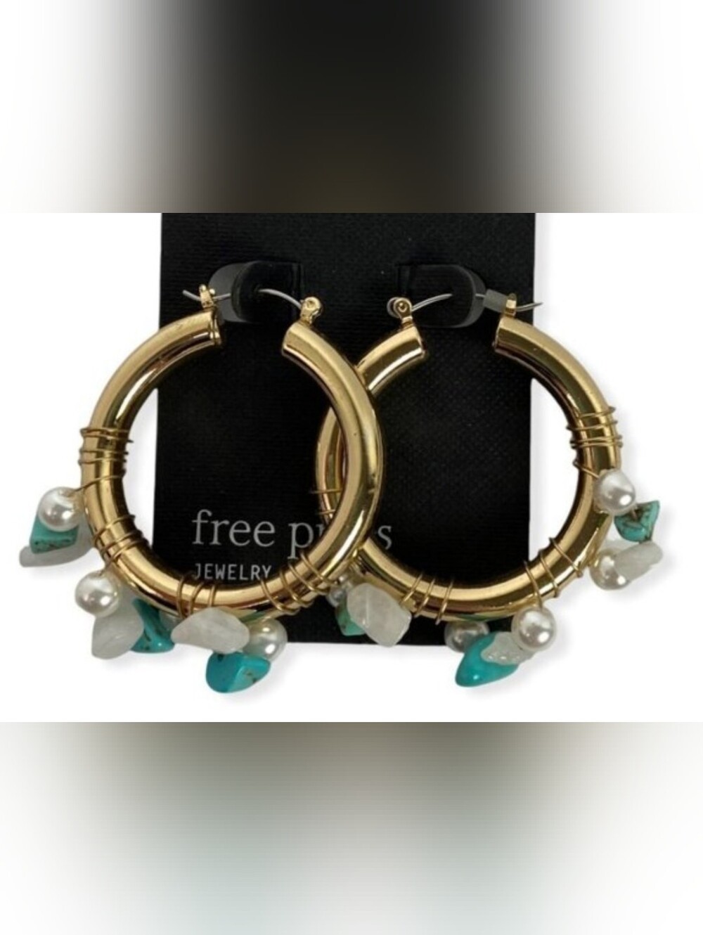 Bold Gold Hoop Earrings with Turquoise Blue And White Chips & Pearls New